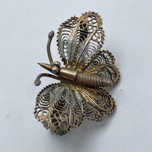 Vintage Antique 800 Sterling Silver Gold-Tone Filigree Butterfly Brooch Pin